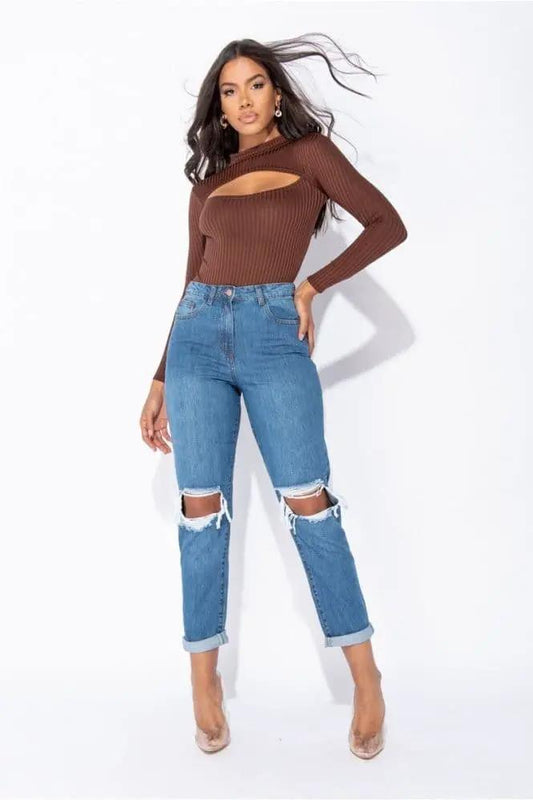 Brown Rib Knit Cut Out Detail Long Sleeve Turtle Neck Bodysuit by Clarissas Boutique