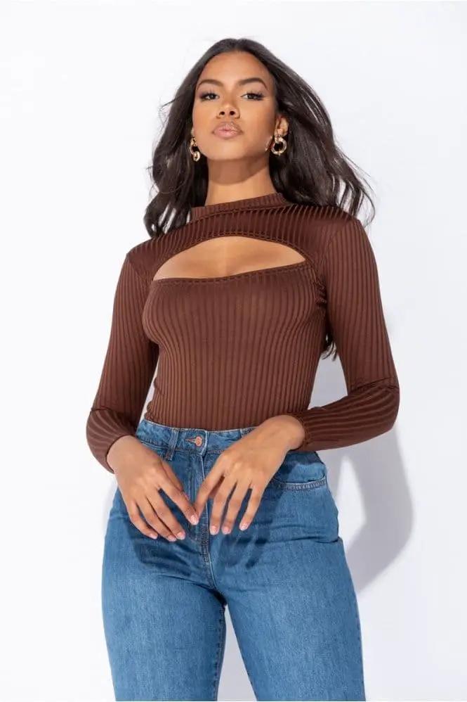 Brown Rib Knit Cut Out Detail Long Sleeve Turtle Neck Bodysuit by Clarissas Boutique