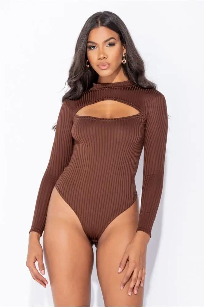 Brown Rib Knit Cut Out Detail Long Sleeve Turtle Neck Bodysuit by Clarissas Boutique