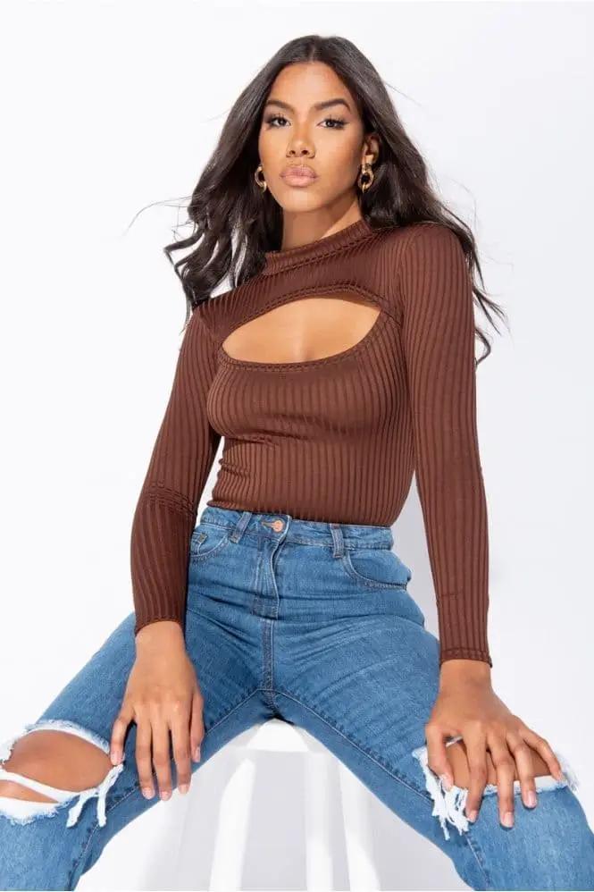Brown Rib Knit Cut Out Detail Long Sleeve Turtle Neck Bodysuit by Clarissas Boutique