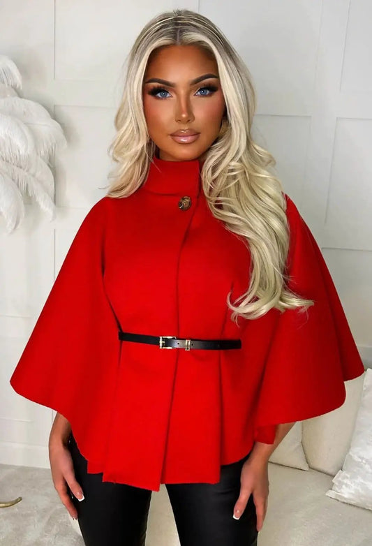 Chic Red Belted Cape Jacket by Clarissas Boutique London