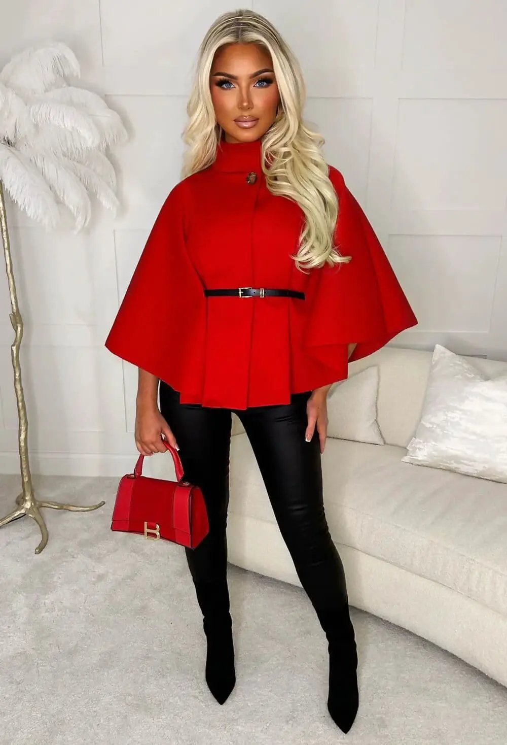 Chic Red Belted Cape Jacket by Clarissas Boutique London