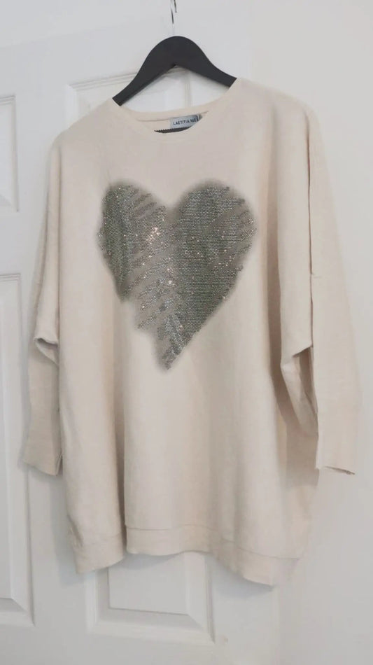 Clarissa - Cream Sparkling Heart Knitted Jumper by Clarissas Boutique London