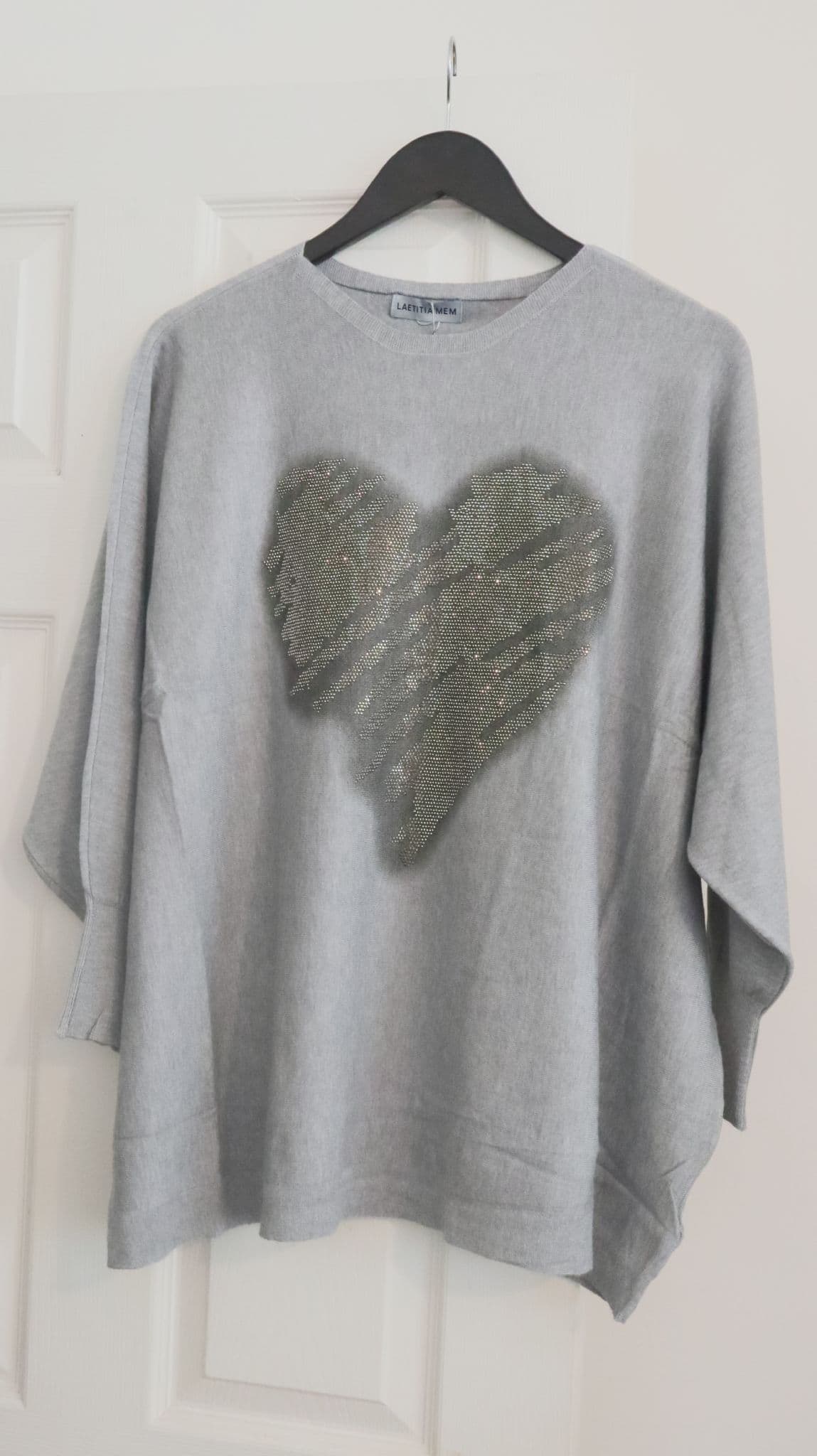 Clarissa - Gray Sparkling Heart Knitted Jumper by Clarissas Boutique London