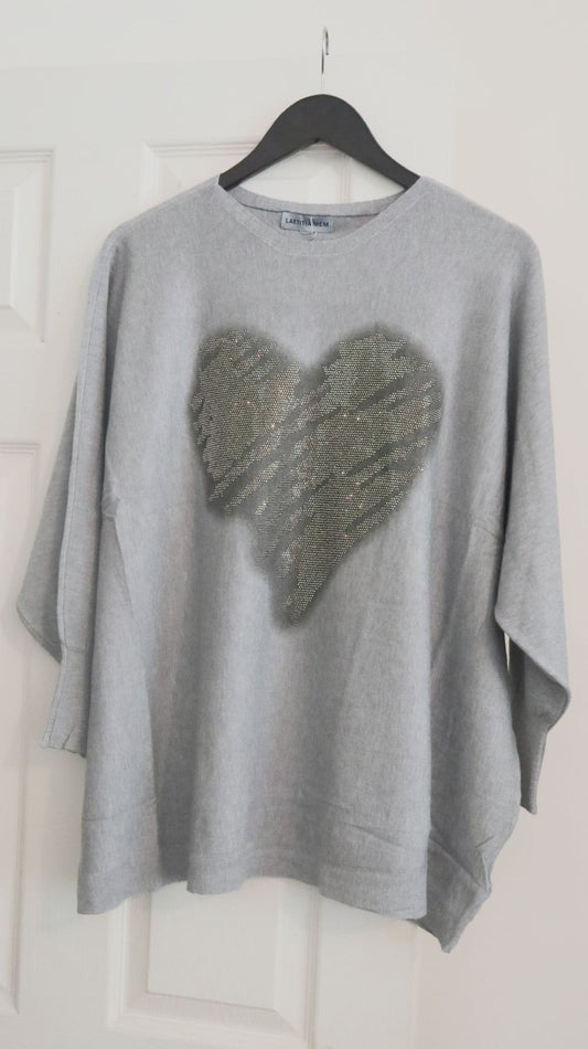 Clarissa - Gray Sparkling Heart Knitted Jumper by Clarissas Boutique London