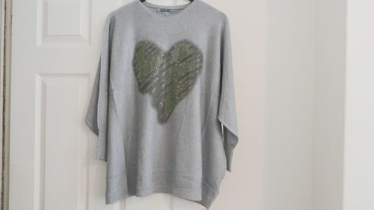 Clarissa - Gray Sparkling Heart Knitted Jumper by Clarissas Boutique London