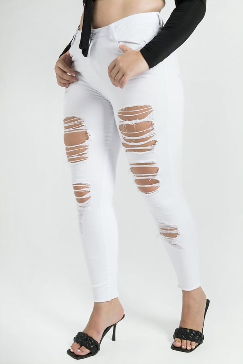Clarissa Kisses White High Waist RIPPED Skinny Jeans by Clarissas Boutique London