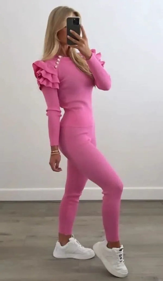 Clarissa Pink Frill Shoulder Button Detaill Loungewear Set by Clarissas Boutique London