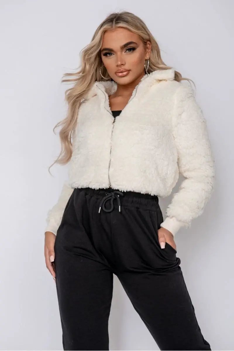 Cream Borg Fur Zip Front Bomber Jacket by Clarissas Boutique London
