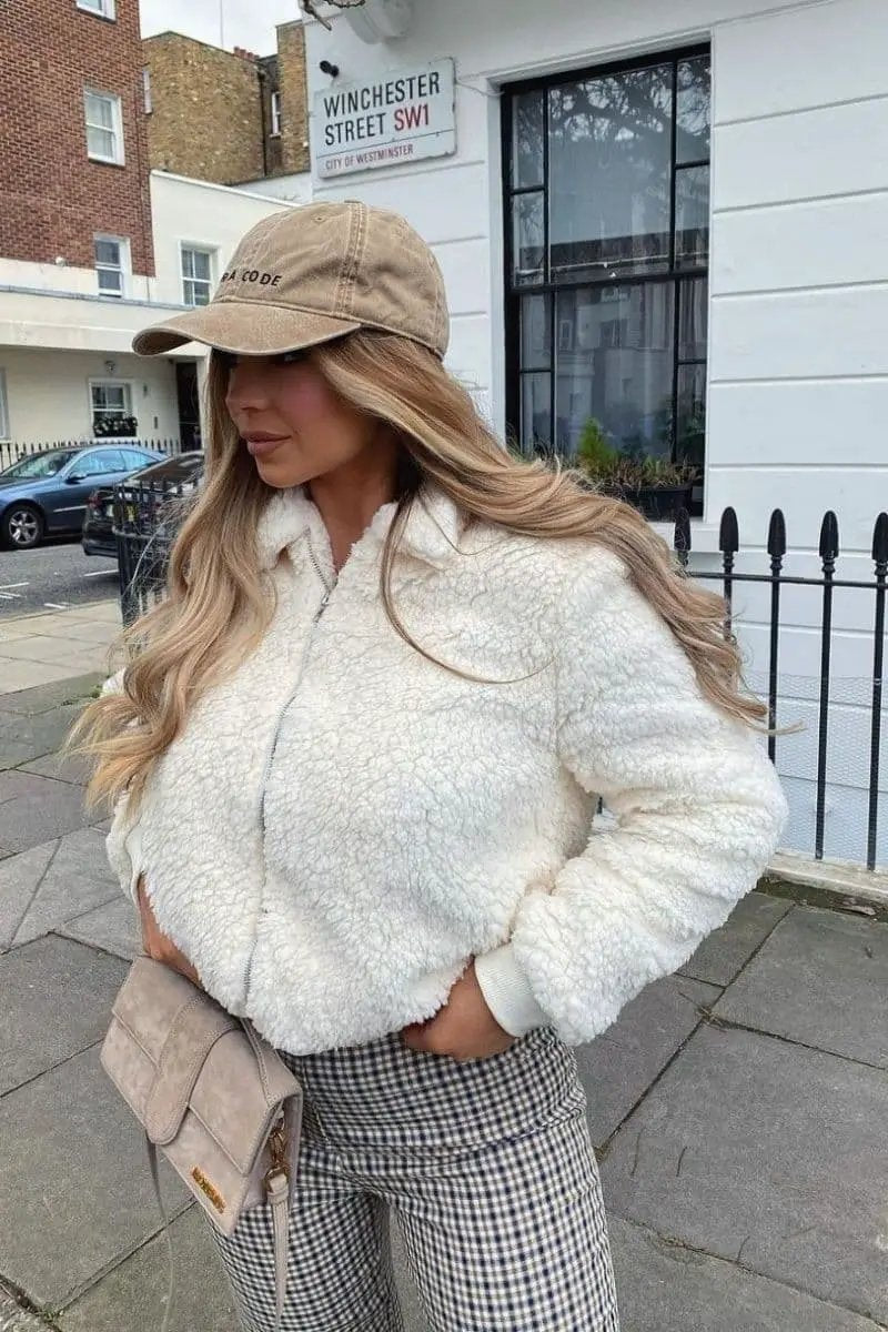 Cream Borg Fur Zip Front Bomber Jacket by Clarissas Boutique London