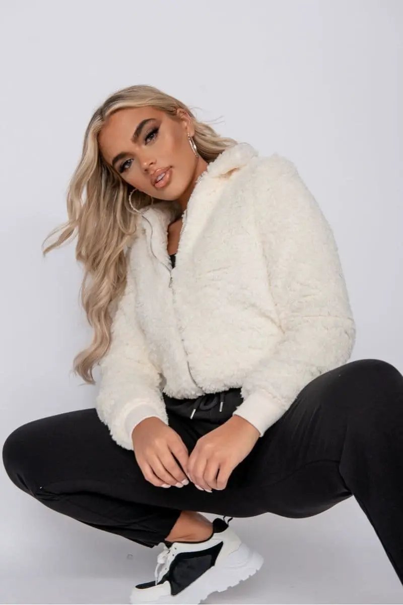 Cream Borg Fur Zip Front Bomber Jacket by Clarissas Boutique London