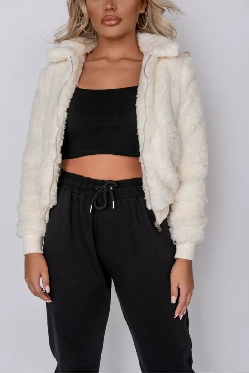 Cream Borg Fur Zip Front Bomber Jacket by Clarissas Boutique London