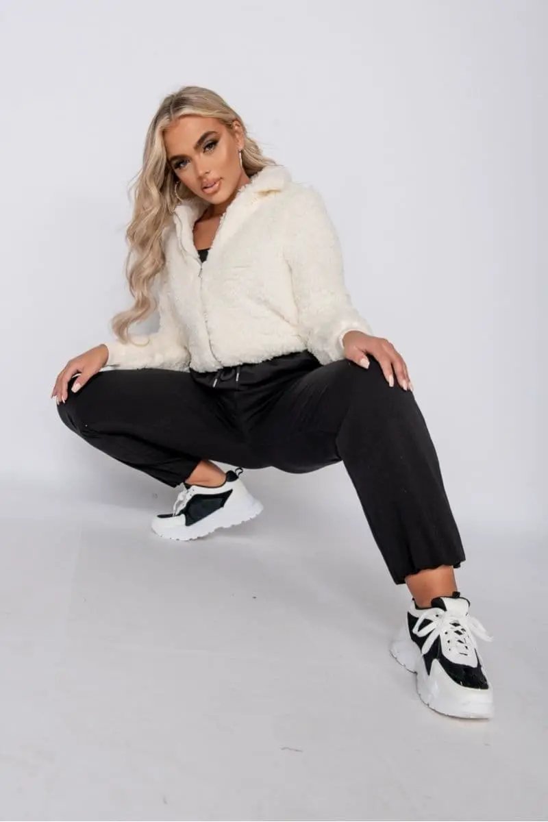 Cream Borg Fur Zip Front Bomber Jacket by Clarissas Boutique London