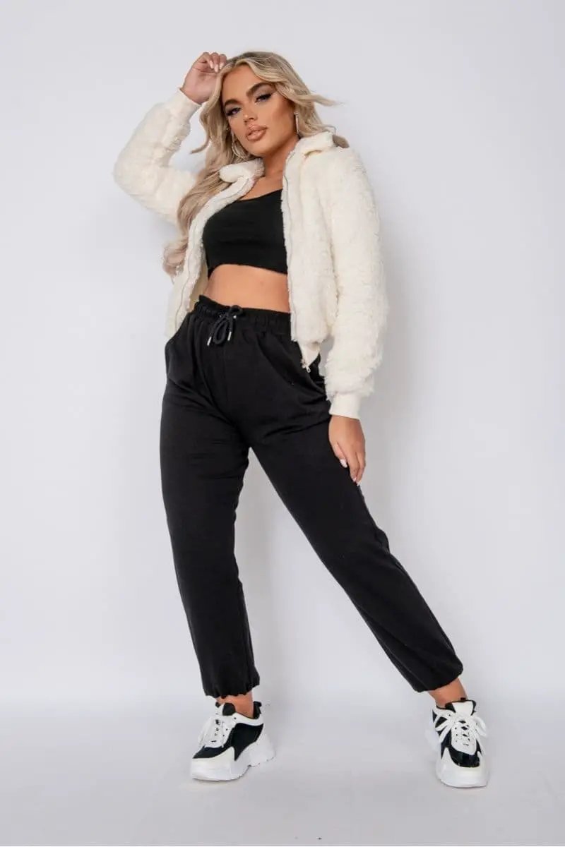 Cream Borg Fur Zip Front Bomber Jacket by Clarissas Boutique London