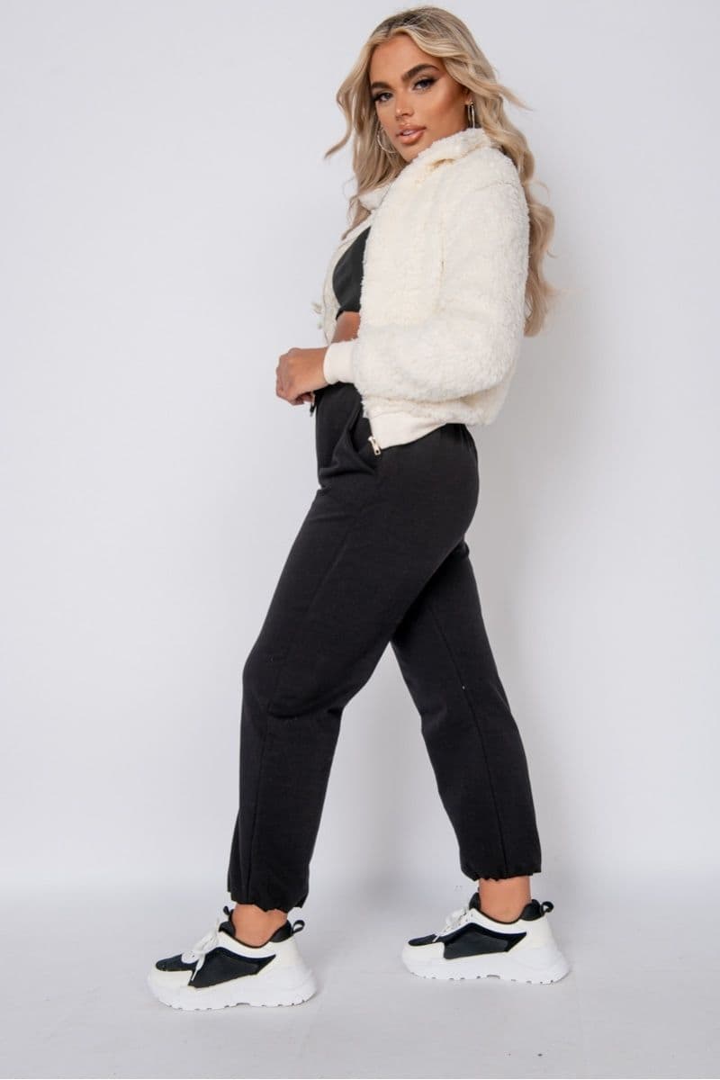 Cream Borg Fur Zip Front Bomber Jacket by Clarissas Boutique London