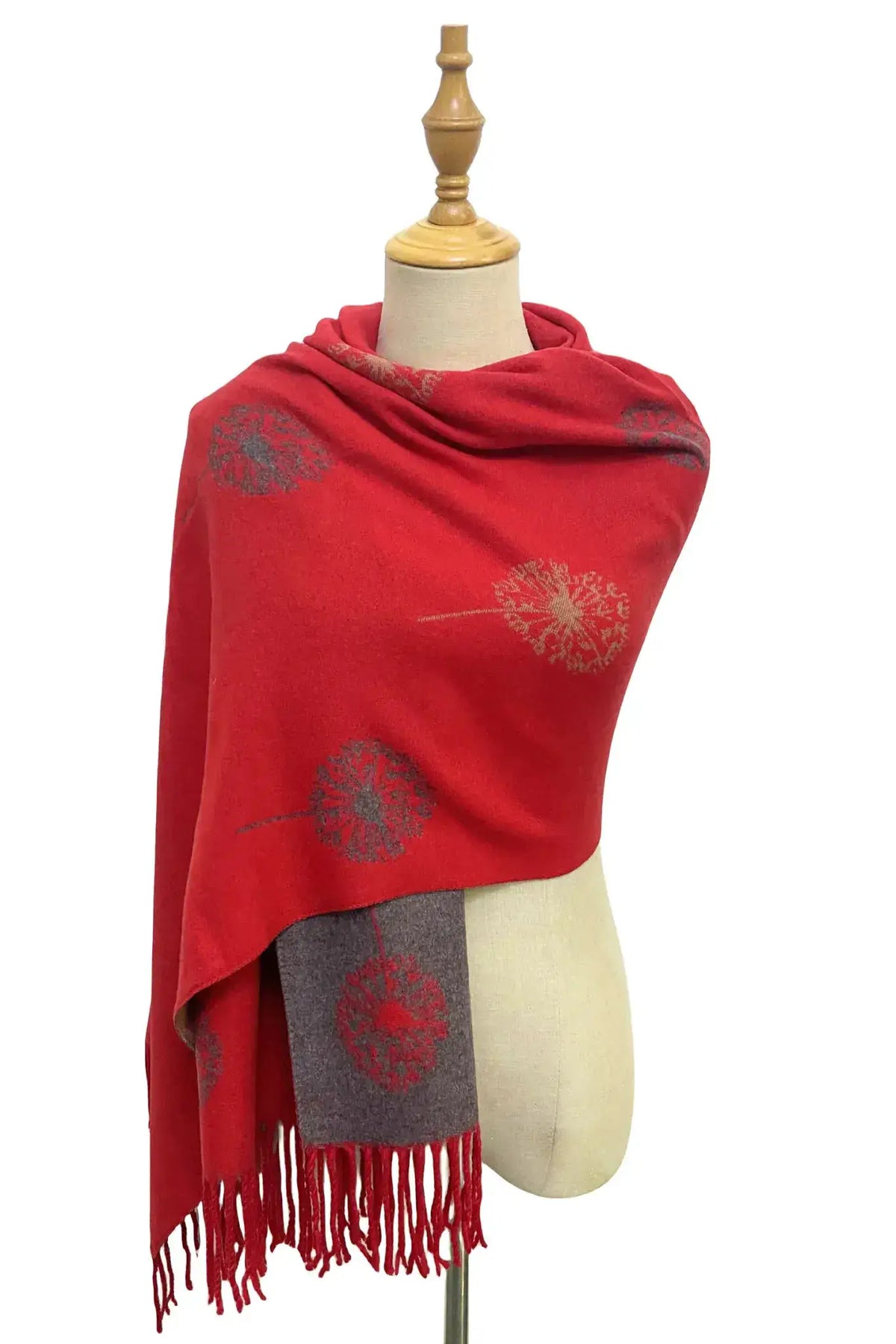 Dandelion Print With Reversible Stripe Tassel Scarf - Red by Clarissas Boutique