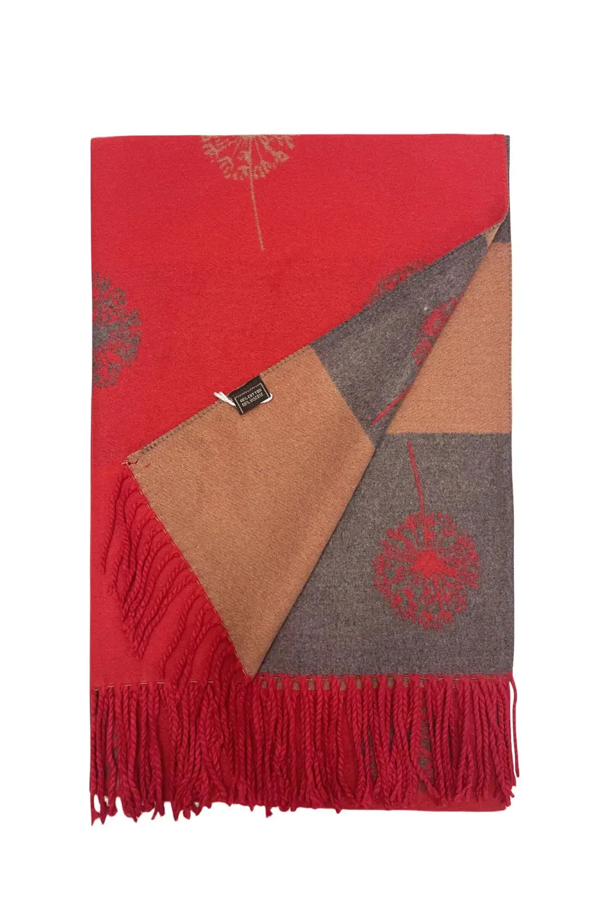 Dandelion Print With Reversible Stripe Tassel Scarf - Red by Clarissas Boutique