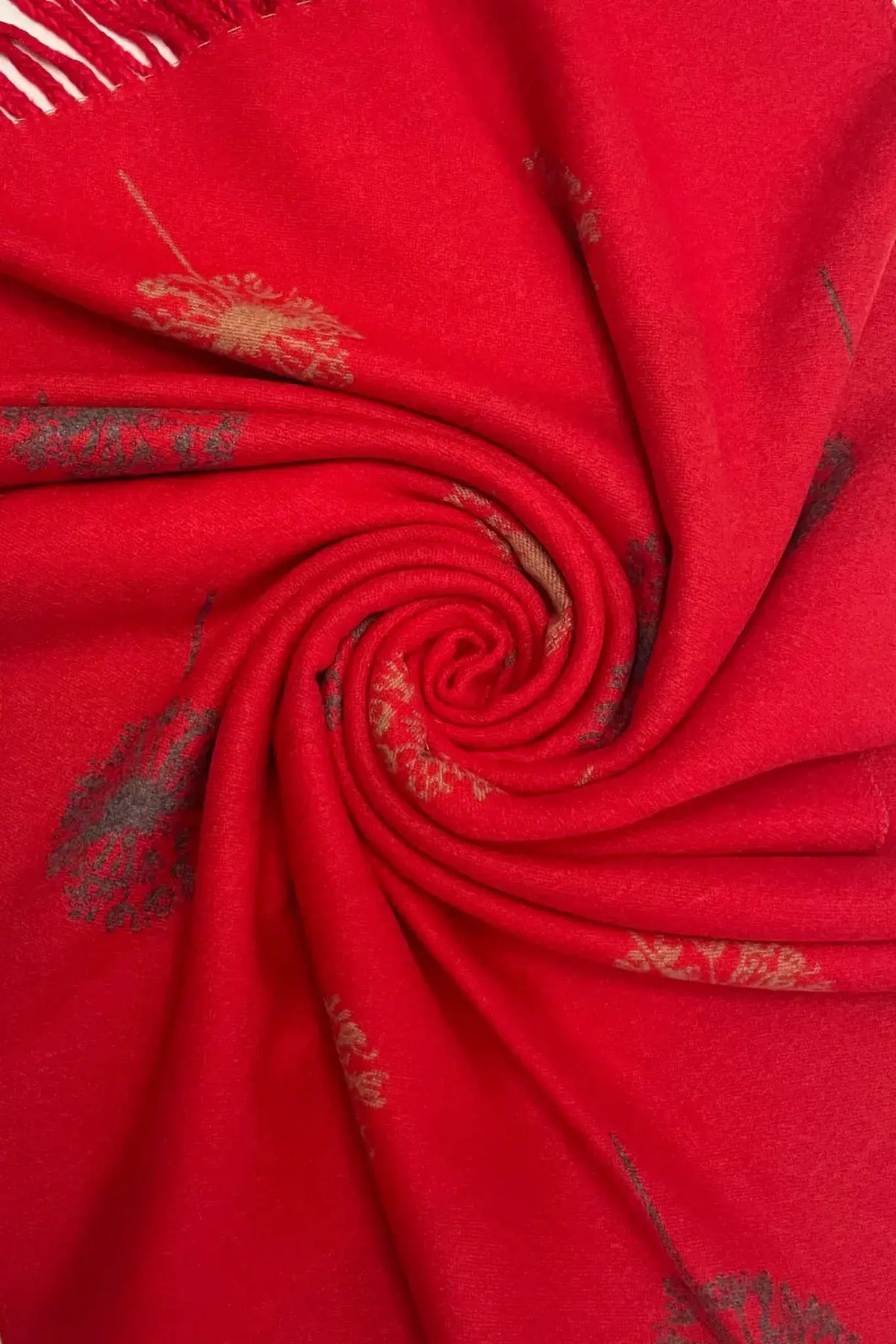 Dandelion Print With Reversible Stripe Tassel Scarf - Red by Clarissas Boutique