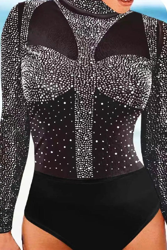 Embellished Diamanté High Neck Sheer Bodysuit - Silver by Clarissas Boutique London