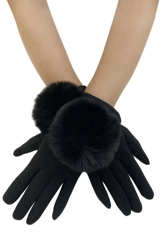 Faux Fur Pom Pom Touch Screen Gloves - Black by Clarissas Boutique