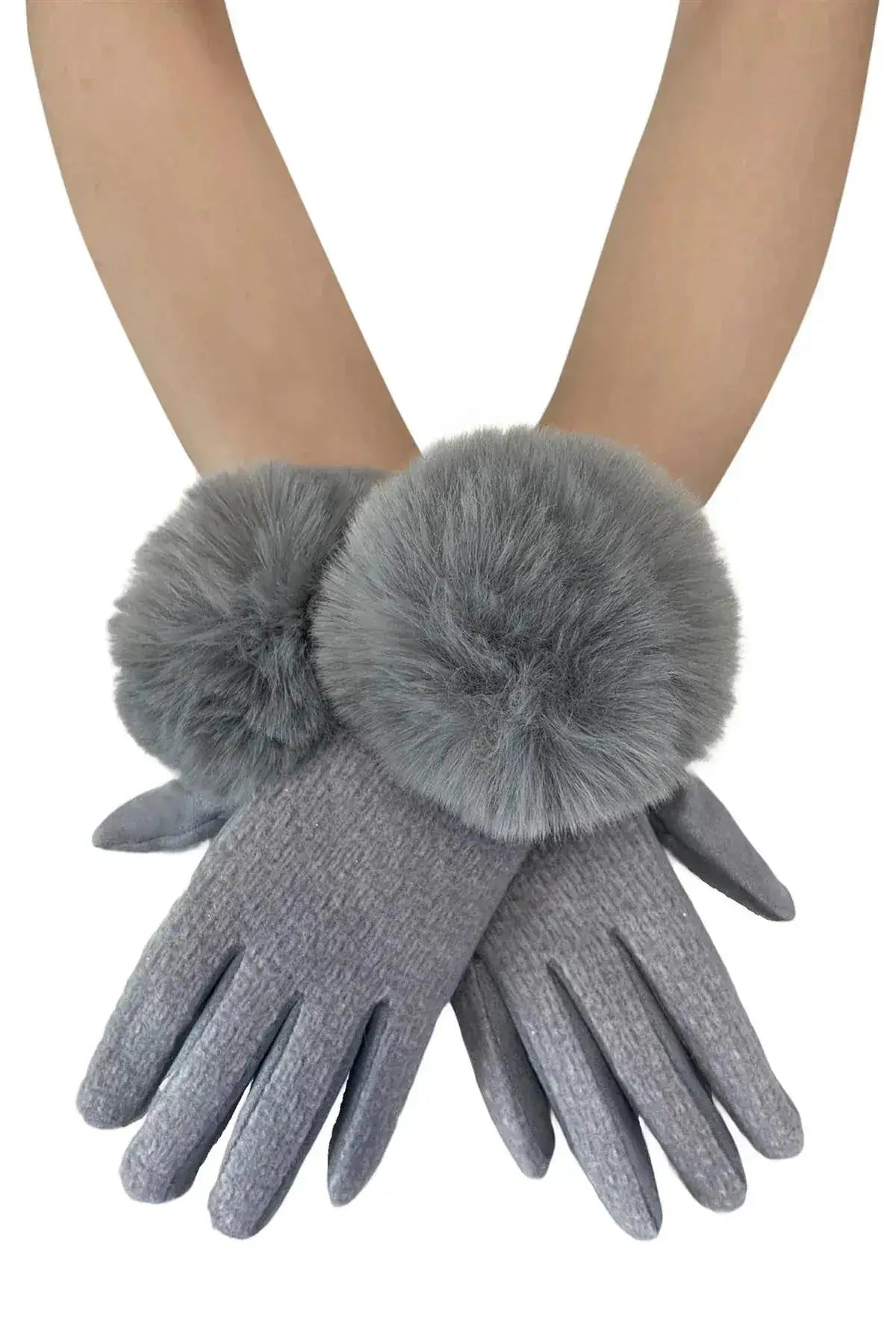 Faux Fur Pom Pom Touch Screen Gloves - Grey by Clarissas Boutique