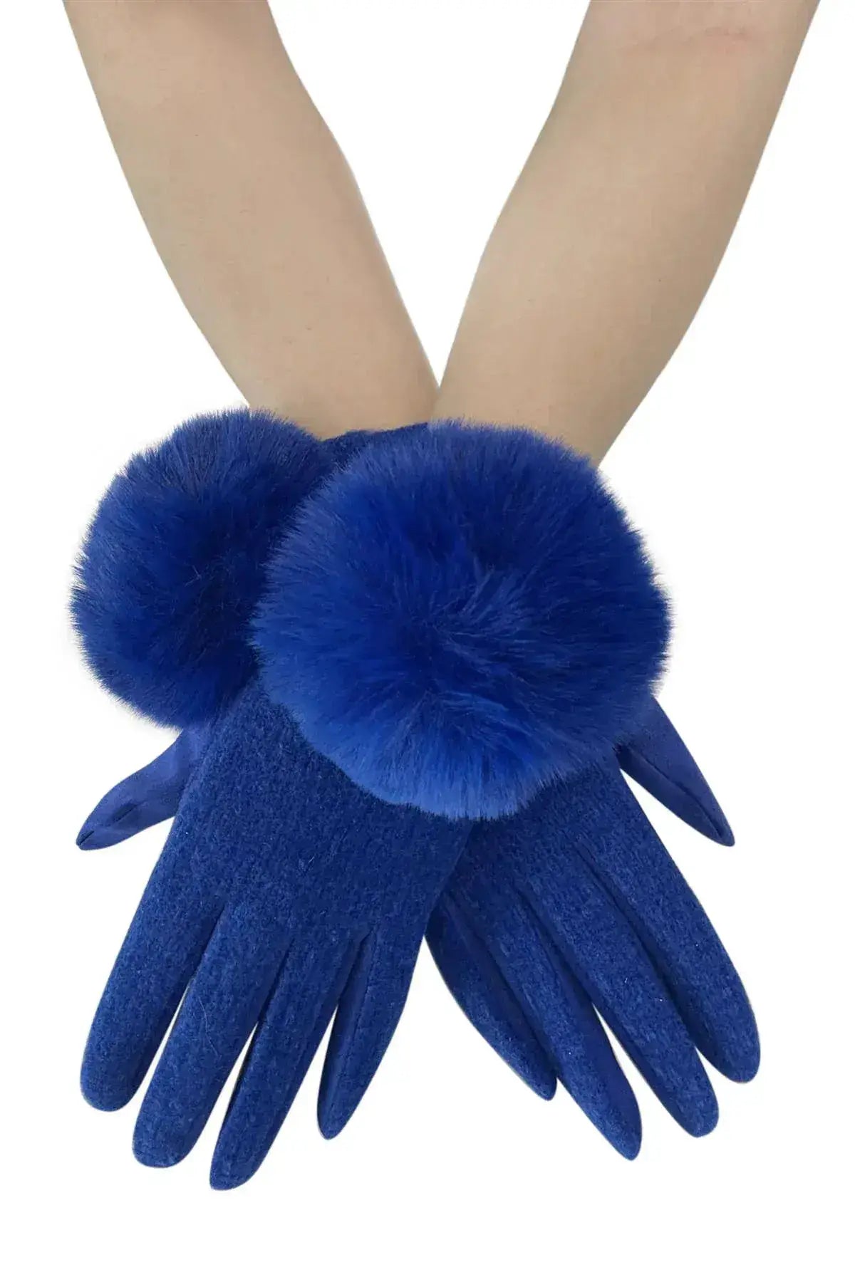 Faux Fur Pom Pom Touch Screen Gloves - Royal Blue by Clarissas Boutique