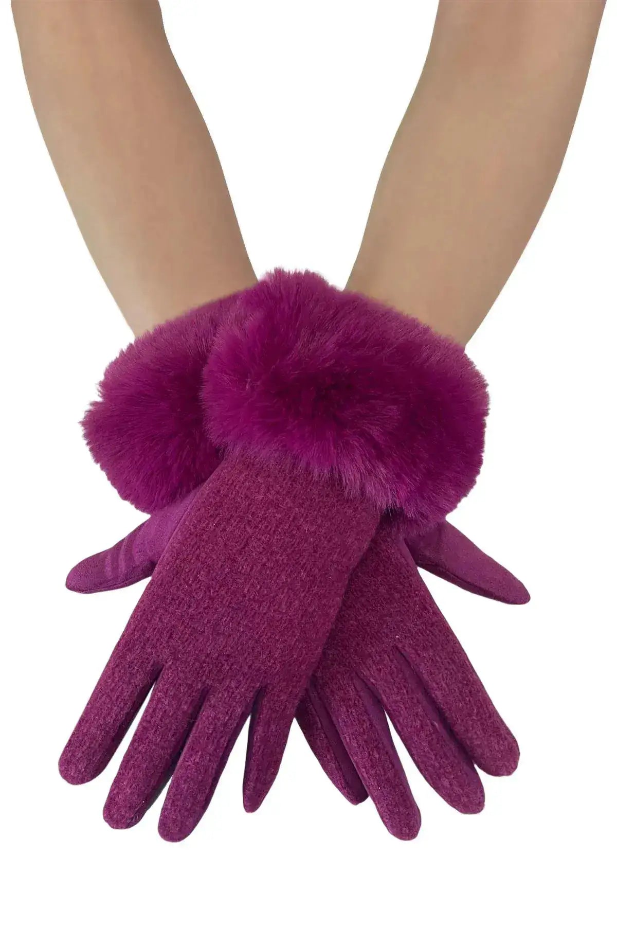 Faux Fur Trim Touch Screen Gloves - Magenta by Clarissas Boutique London