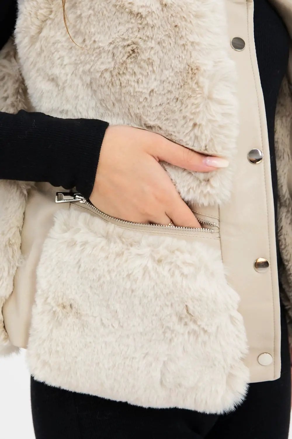 Faux Leather And Fur Gilet- Beige by Clarissas Boutique London