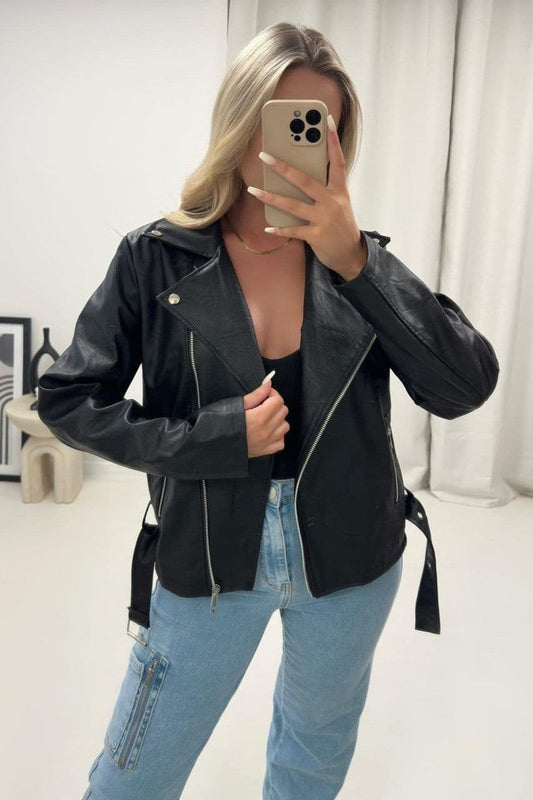 Faux Leather Boxy Biker Jacket In Black by Clarissas Boutique London