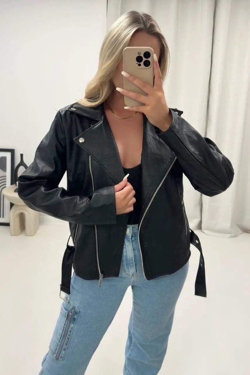 Faux Leather Boxy Biker Jacket In Black by Clarissas Boutique London