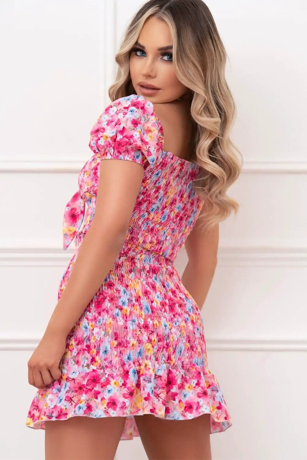 Floral Pink Ditsy Knot Front Shirred Dress by Clarissas Boutique London