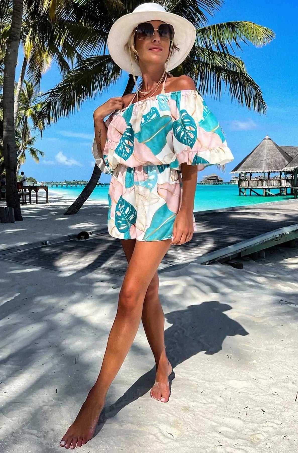 Florrie Bardot Floral Frill Playsuit - Ivory by Clarissas Boutique London