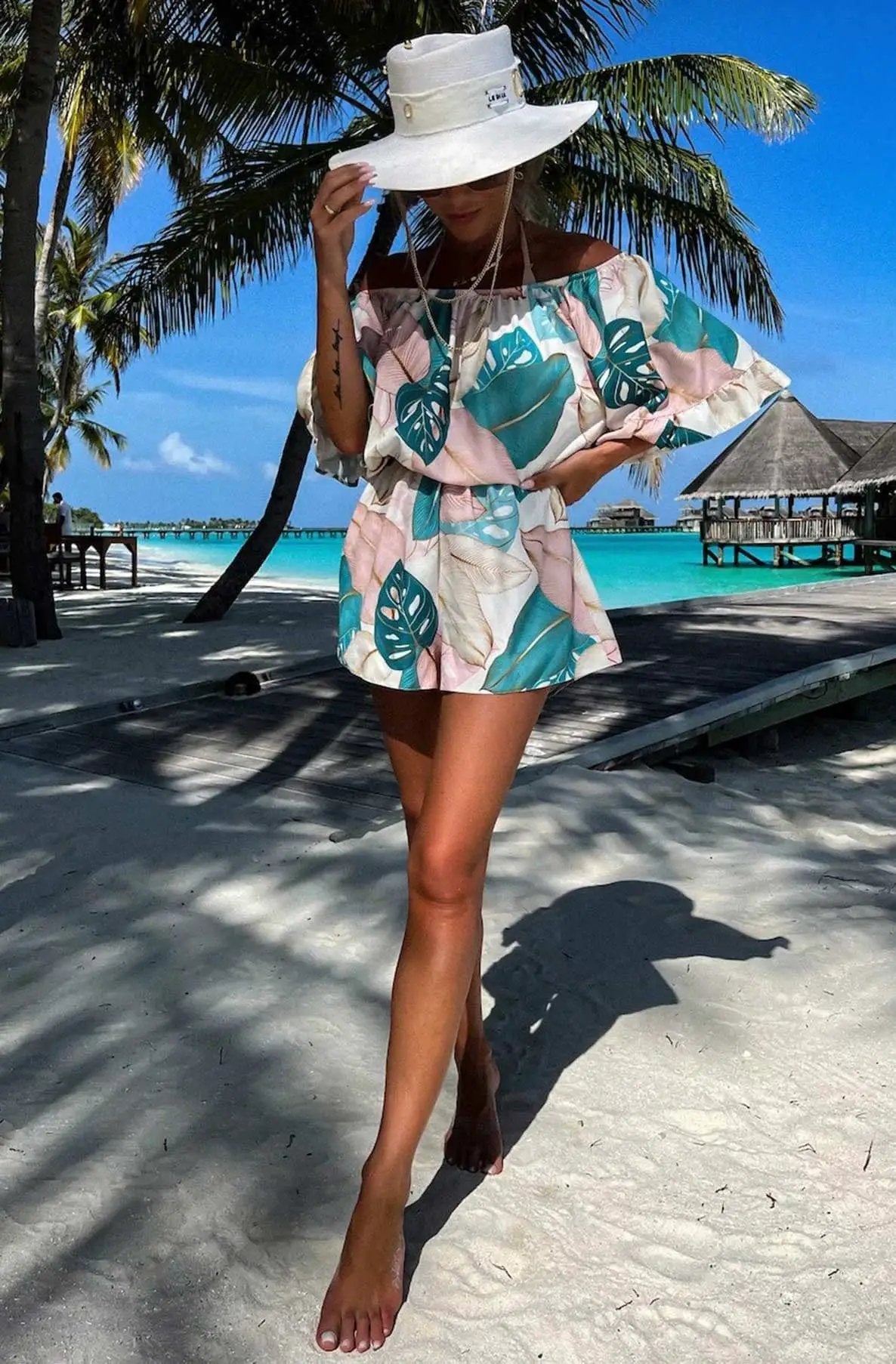 Florrie Bardot Floral Frill Playsuit - Ivory by Clarissas Boutique London