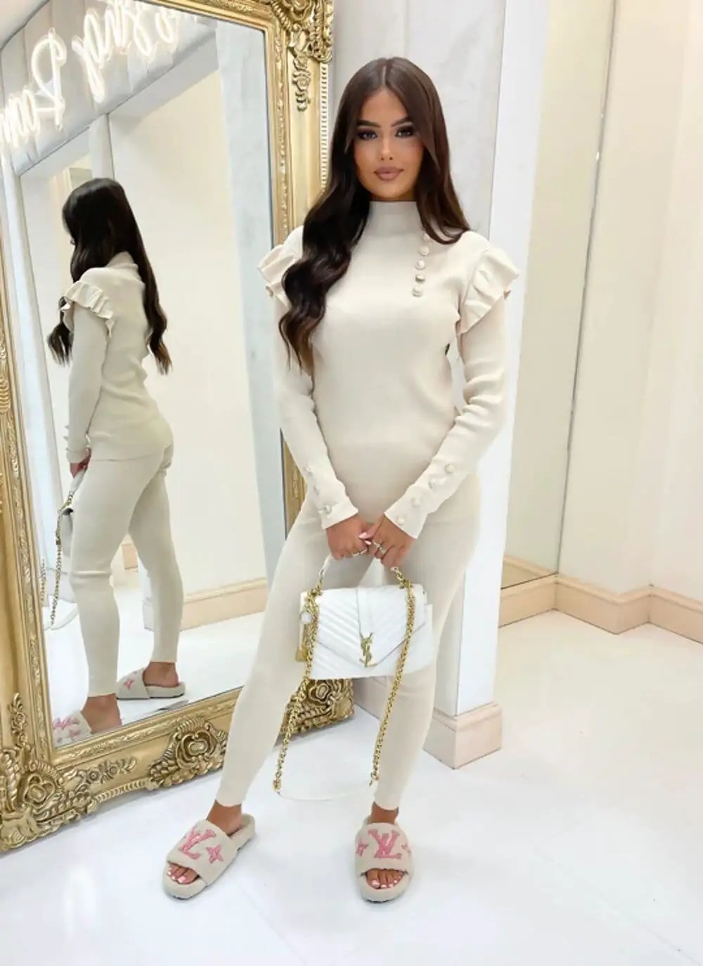 Frill Shoulder Loungewear Set With Gold Buttons Beige by Clarissas Boutique London