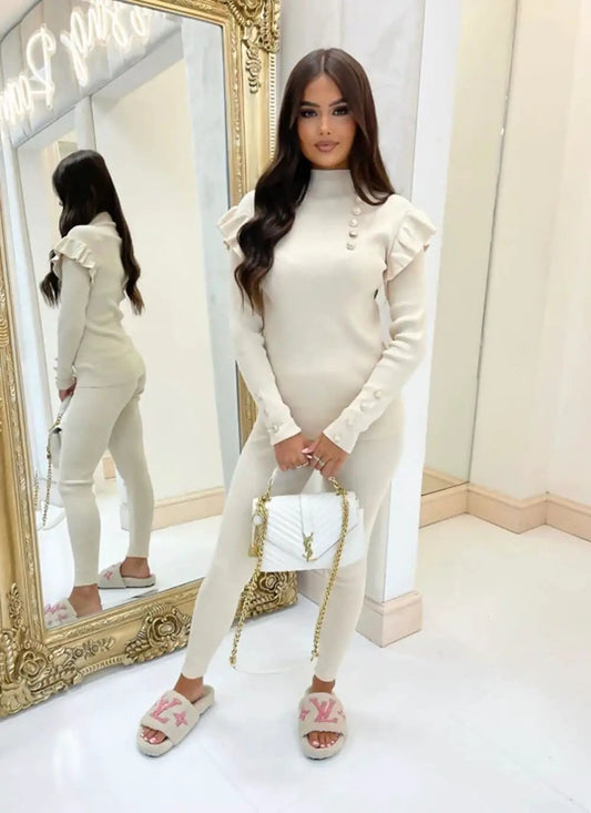 Frill Shoulder Loungewear Set With Gold Buttons Beige by Clarissas Boutique London