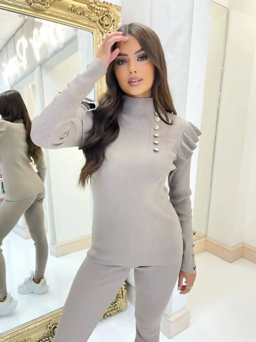 Frill Shoulder Loungewear Set With Gold Buttons Beige by Clarissas Boutique London