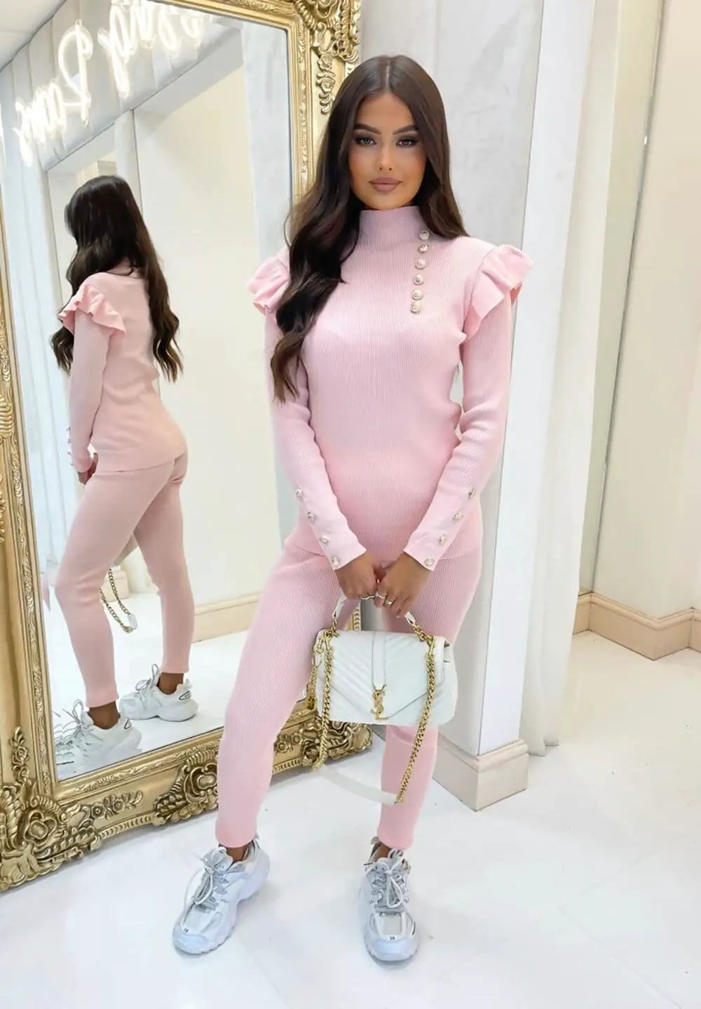 Frill Shoulder Loungewear Set With Gold Buttons Beige by Clarissas Boutique London