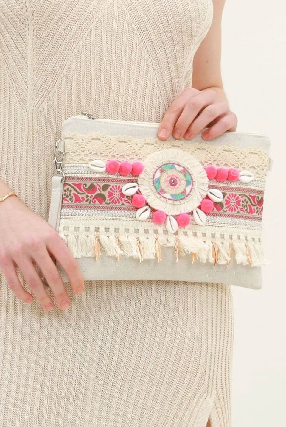Fuchsia Tassel Boho Clutch Bag by Clarissas Boutique