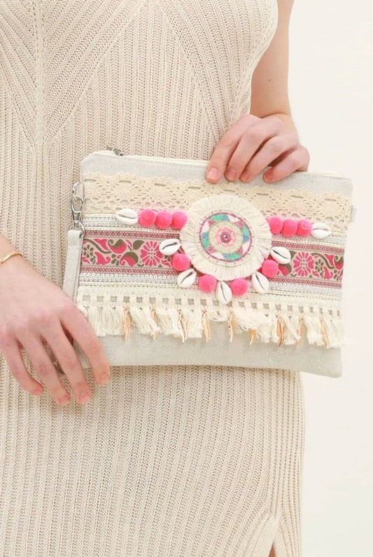 Fuchsia Tassel Boho Clutch Bag by Clarissas Boutique