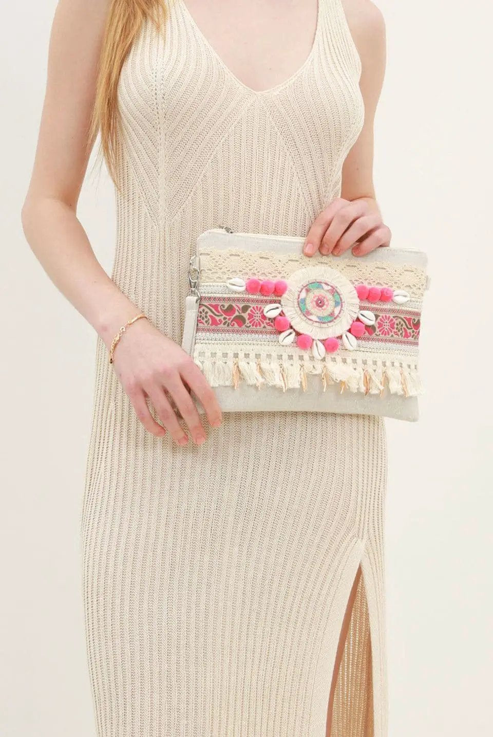 Fuchsia Tassel Boho Clutch Bag by Clarissas Boutique