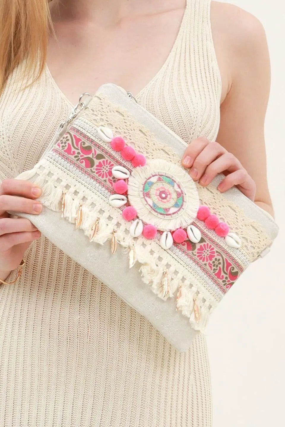 Fuchsia Tassel Boho Clutch Bag by Clarissas Boutique