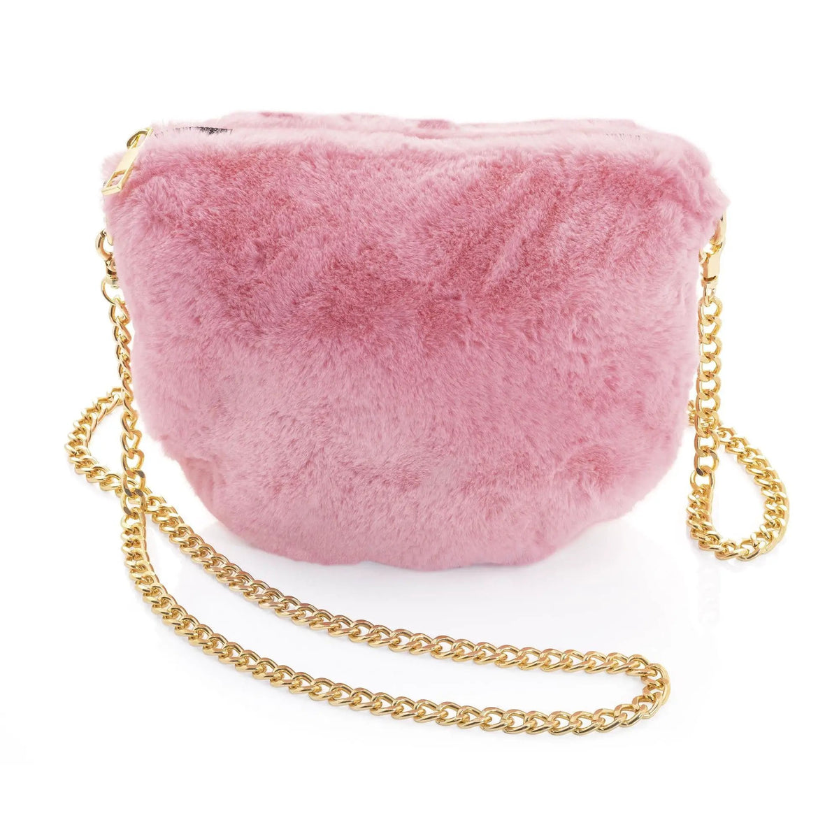 Gold and pink colour faux fur look chain bag. BG33040 by Clarissas Boutique