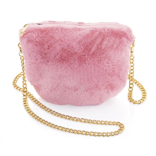 Gold and pink colour faux fur look chain bag. BG33040 by Clarissas Boutique