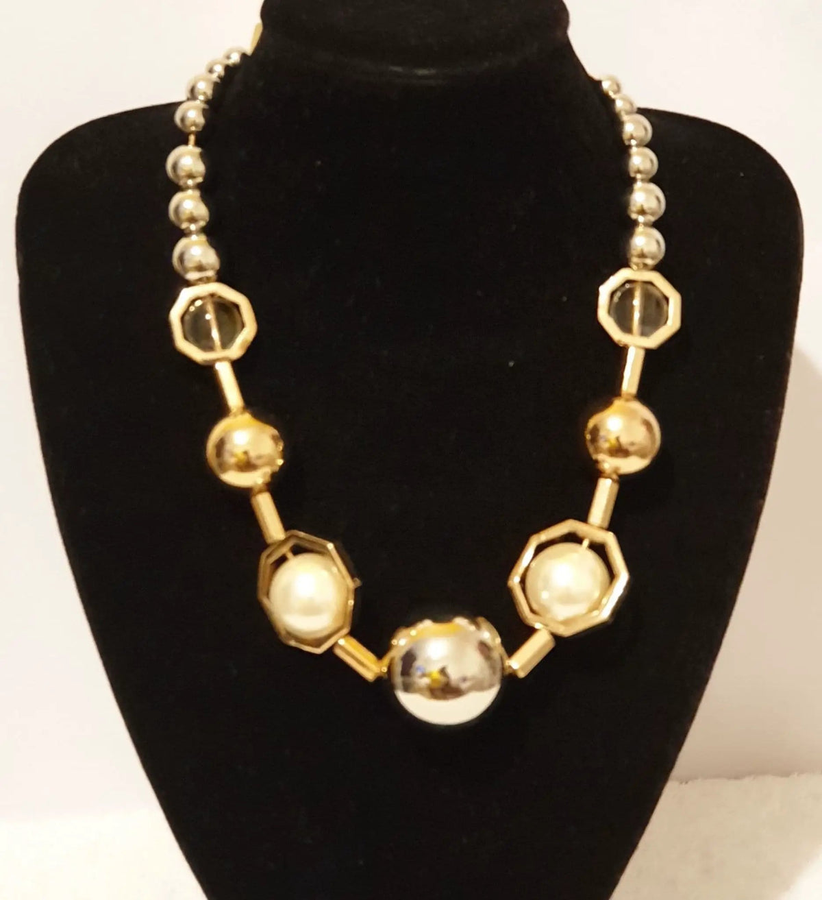 Gold Tone Necklace Silver, Gold And Pearl 3 tone Necklace by Clarissas Boutique