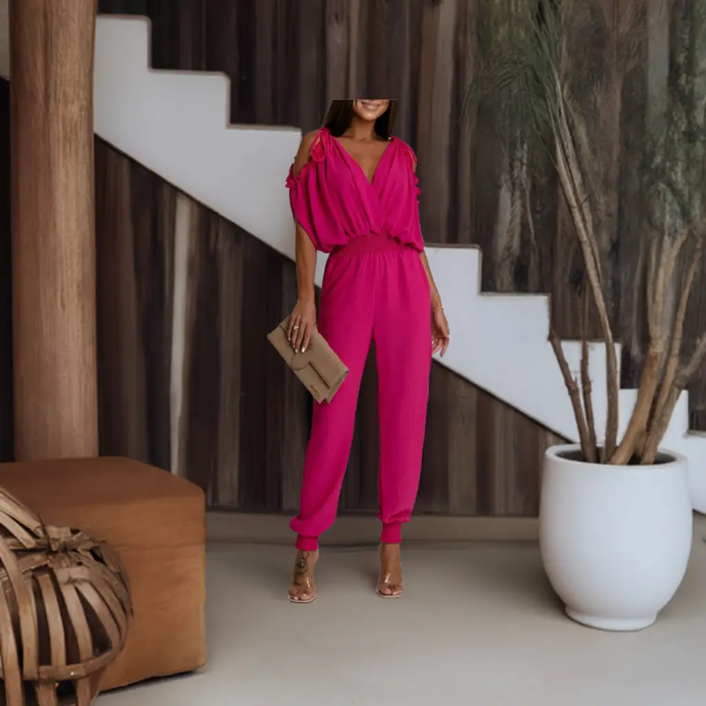 Azeila Cold Shoulder Jumpsuit -Hot Pink by Clarissas Boutique London