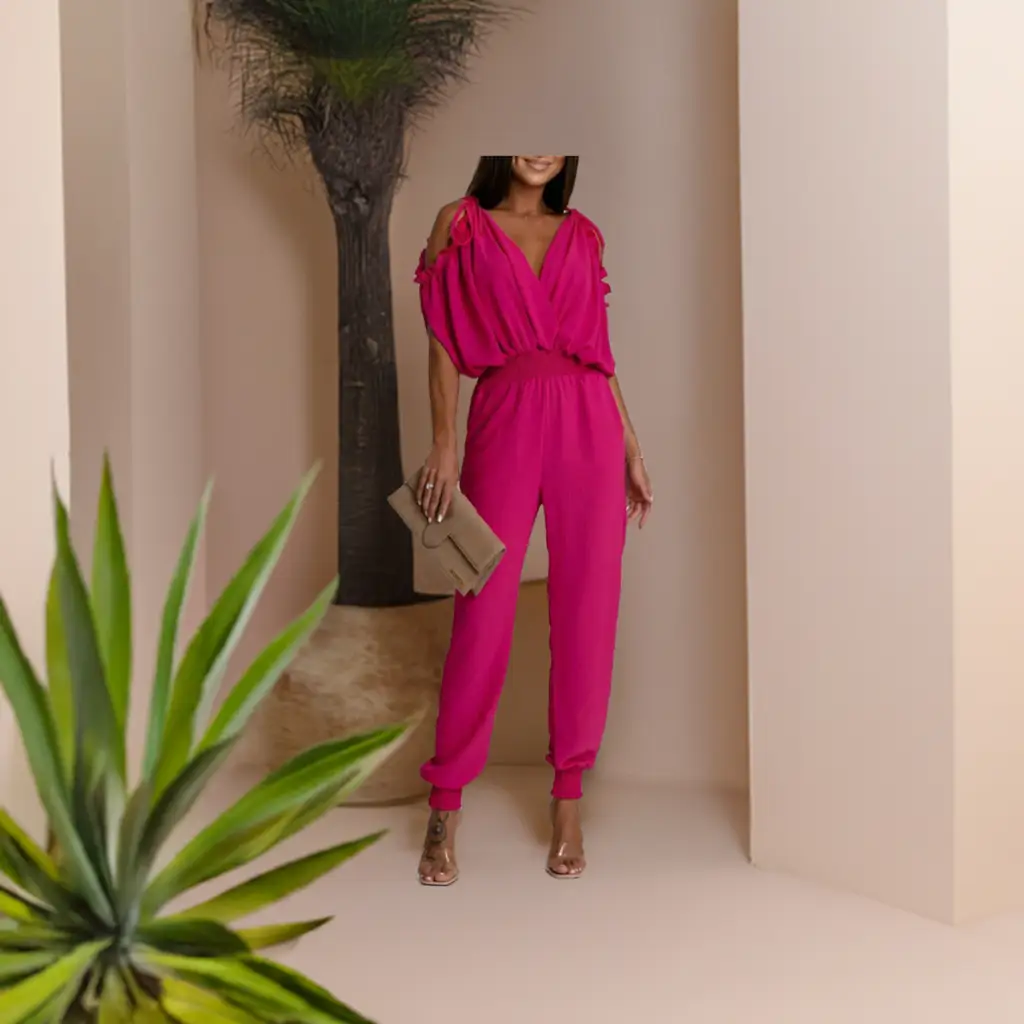 Azeila Cold Shoulder Jumpsuit -Hot Pink by Clarissas Boutique London