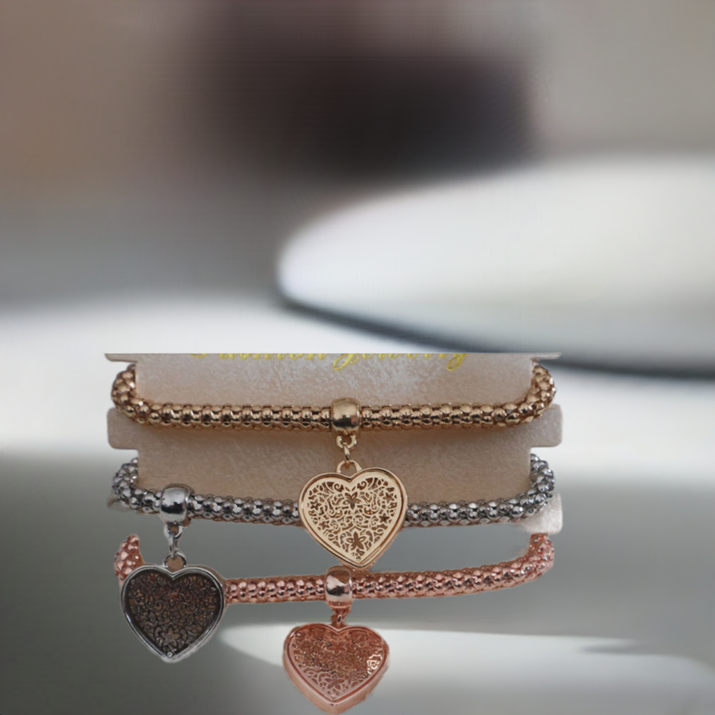 3 - Heart Charm Elasticated Bracelets by Clarissas Boutique London