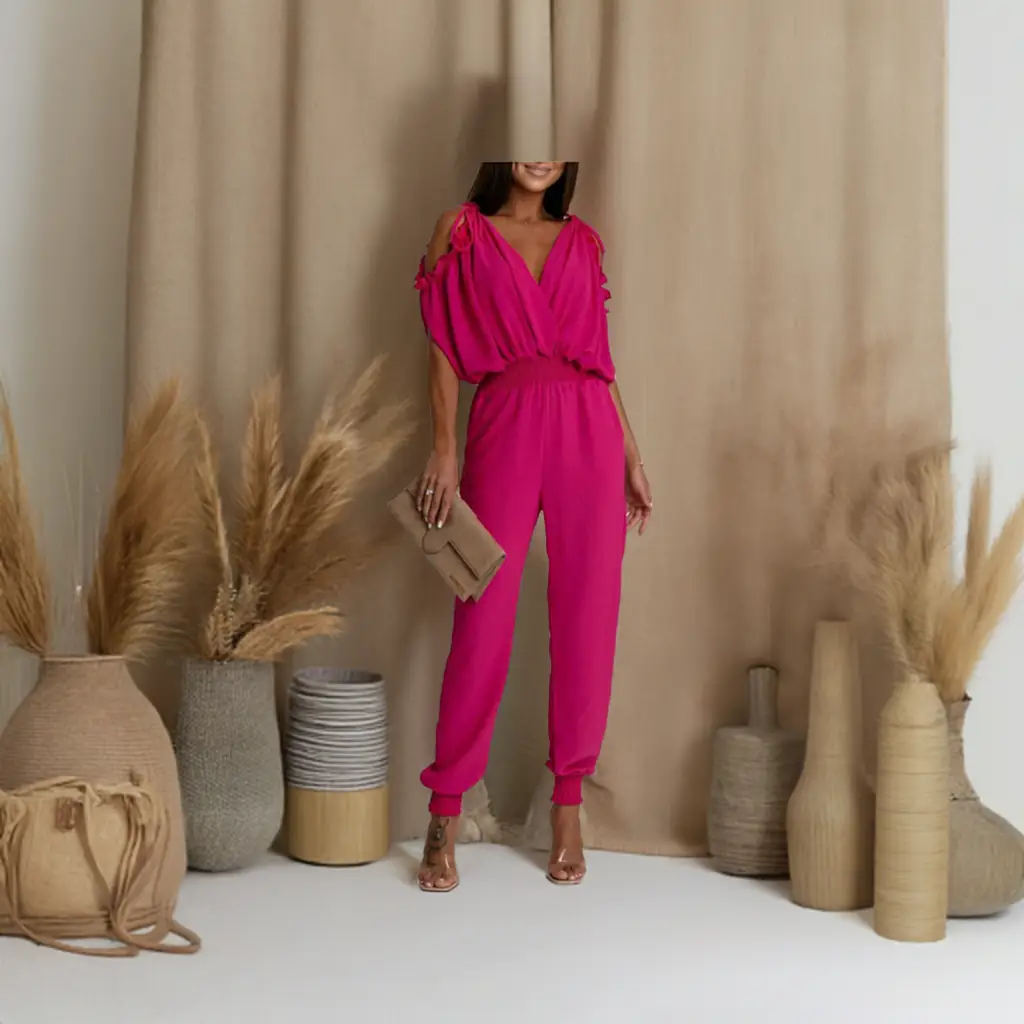 Azeila Cold Shoulder Jumpsuit -Hot Pink by Clarissas Boutique London