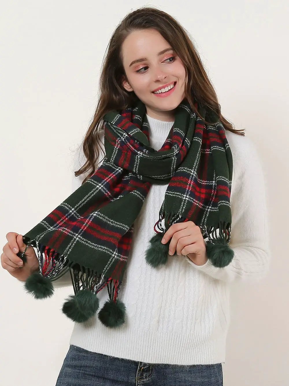 Green Plaid Soft Long Scarf With Pom Pom Detail by Clarissas Boutique