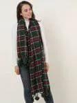 Green Plaid Soft Long Scarf With Pom Pom Detail by Clarissas Boutique